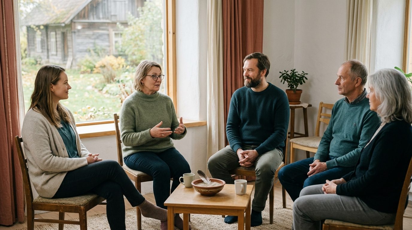 Väike taastav ring täiskasvanutest vestlemas valgusküllases ruumis